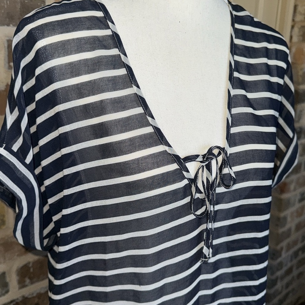 J. Crew Blue & White Stripe Tunic Blouse Sheer Voile Cap Sleeve Self Tie Sz XS - Picture 3 of 8
